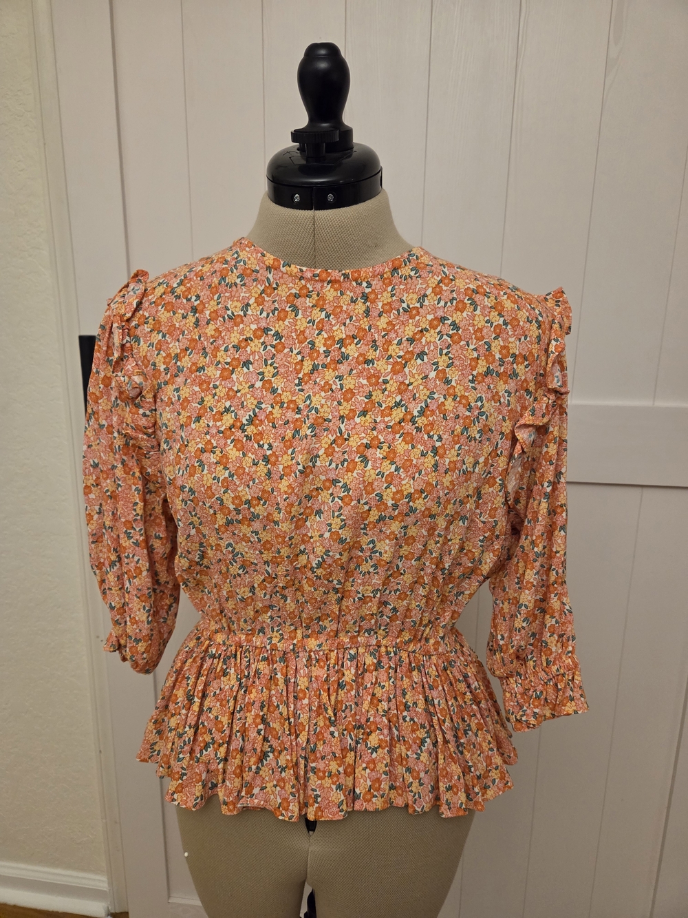 Faithfull the Brand Orange Floral Peplum Ruffle Blouse